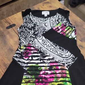 Joseph Ribkoff Black and White Midi Dress with Pink and Green Accents